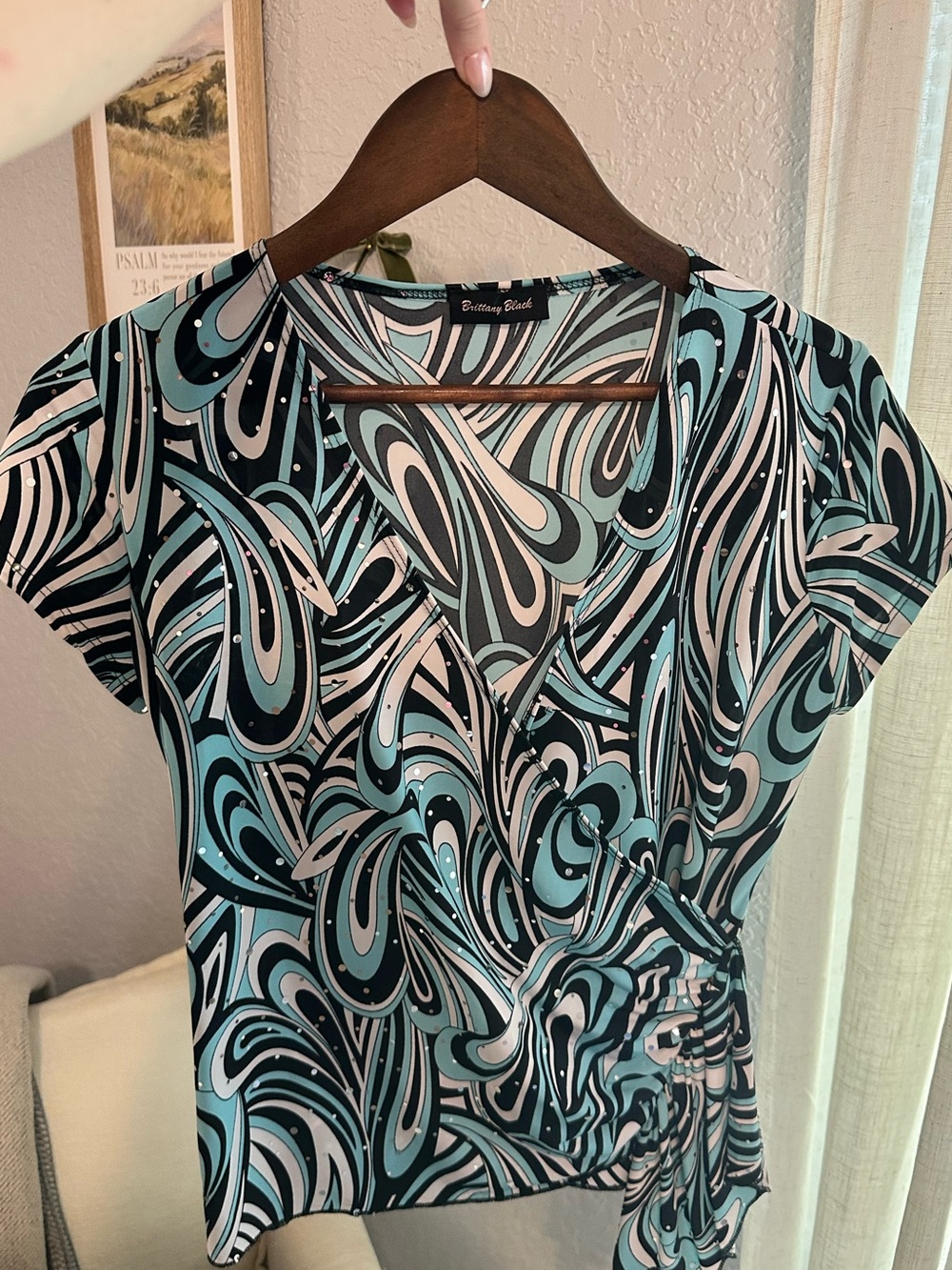 Y2K Women's Teal & Black Abstract Wrap Top